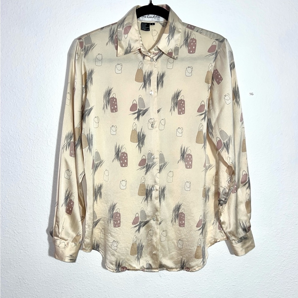 Via Condotti 100% Silk Button Down Novelty Print Blouse Sz 4